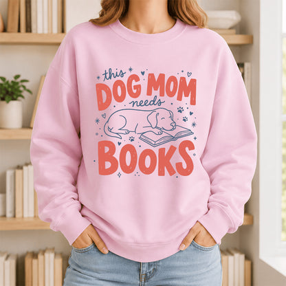This Dog Mom Needs Books Crewneck Sweatshirt | Dog Lover & Reader Gift Light Pink