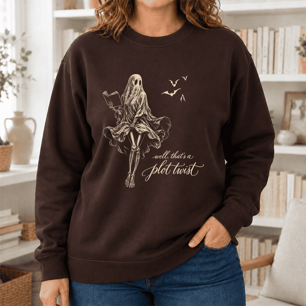 Funny Dress-Wearing Bookworm Ghost Printed Sweatshirt | Halloween Reader Gift Dark Chocolate