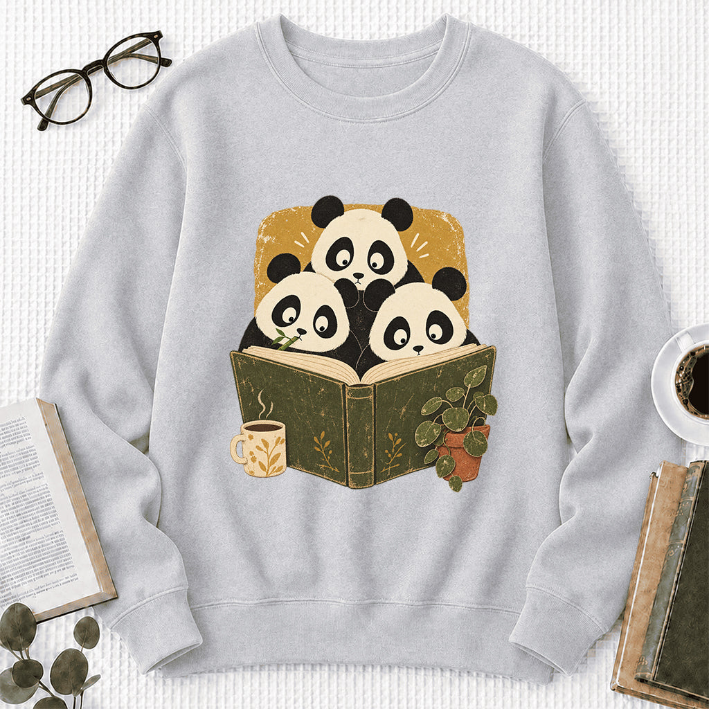Curious Pandas Reading Crewneck Sweatshirt | Panda Lover & Reader Gift Sport Grey