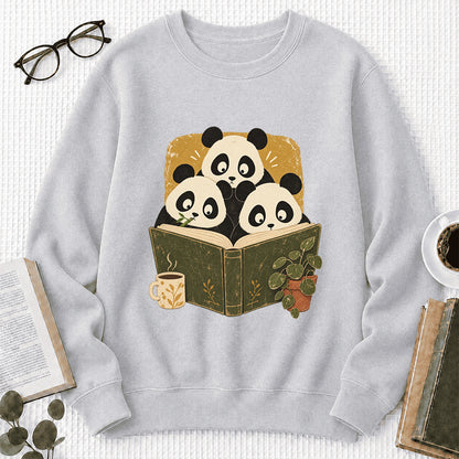 Curious Pandas Reading Crewneck Sweatshirt | Panda Lover & Reader Gift Sport Grey
