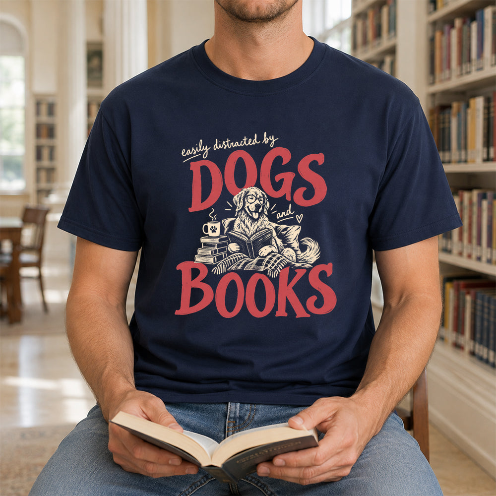 Easily Distracted By Dogs And Books Softstyle T-Shirt | Book Lover Gift Navy