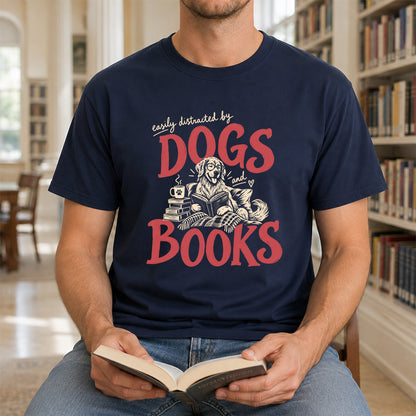 Easily Distracted By Dogs And Books Softstyle T-Shirt | Book Lover Gift Navy
