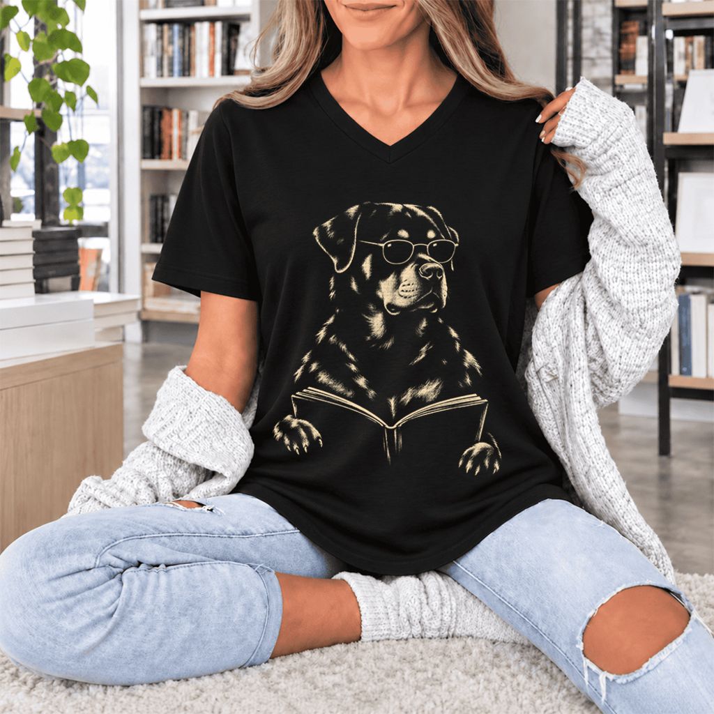 Rottweiler Reading Book Ultra-Soft V-Neck | Dog Mom Reader Gift Black