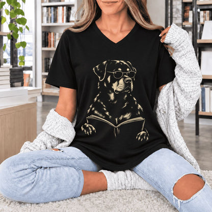 Rottweiler Reading Book Ultra-Soft V-Neck | Dog Mom Reader Gift Black
