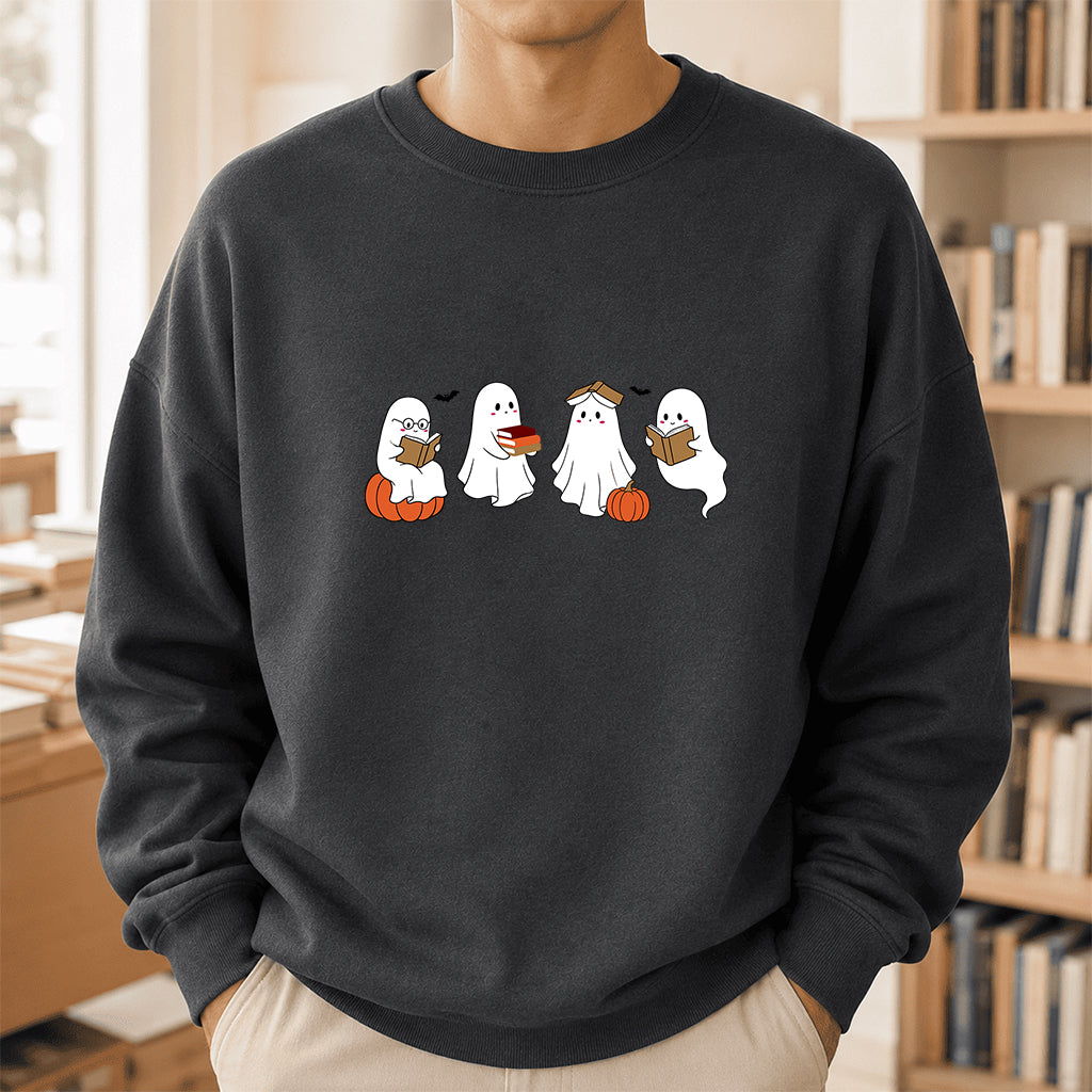 Halloween Ghosts Reading Printed Sweatshirt | Spooky Book Lover Gift Dark Heather