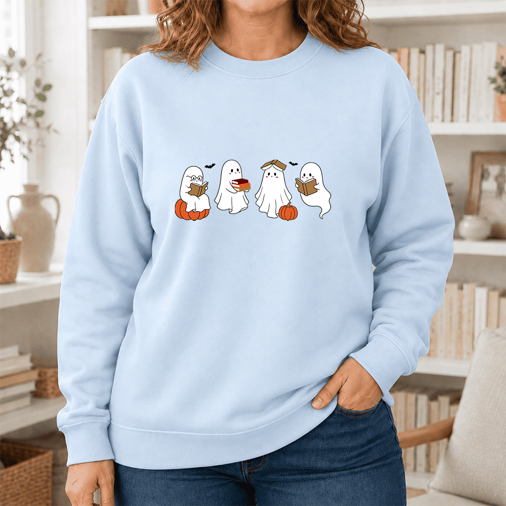 Halloween Ghosts Reading Printed Sweatshirt | Spooky Book Lover Gift Light Blue