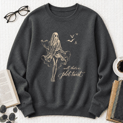 Funny Dress-Wearing Bookworm Ghost Printed Sweatshirt | Halloween Reader Gift Dark Heather