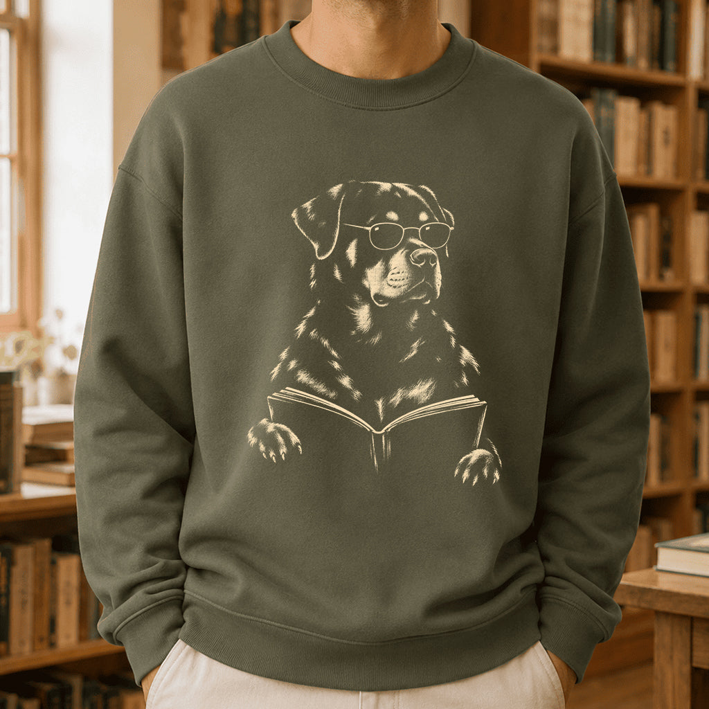 Rottweiler Reading Book Crewneck Sweatshirt | Reader Gift Military Green