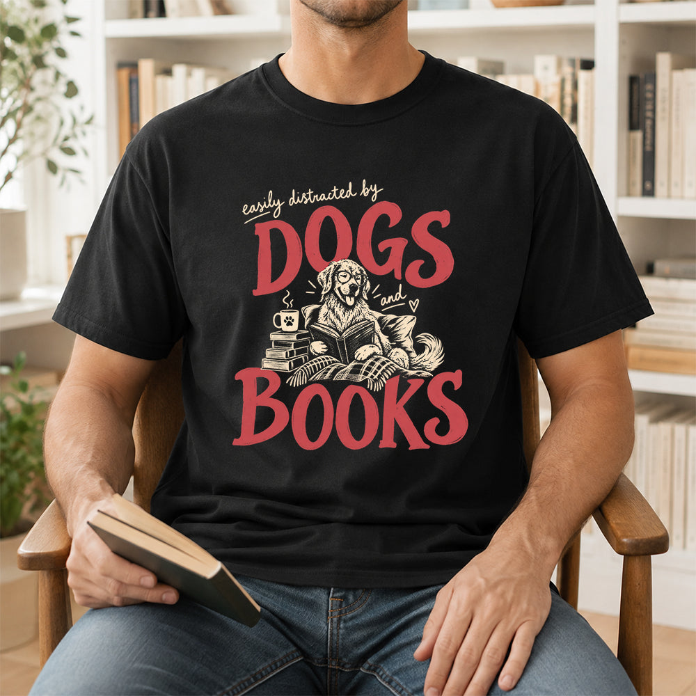 Easily Distracted By Dogs And Books Softstyle T-Shirt | Book Lover Gift Black