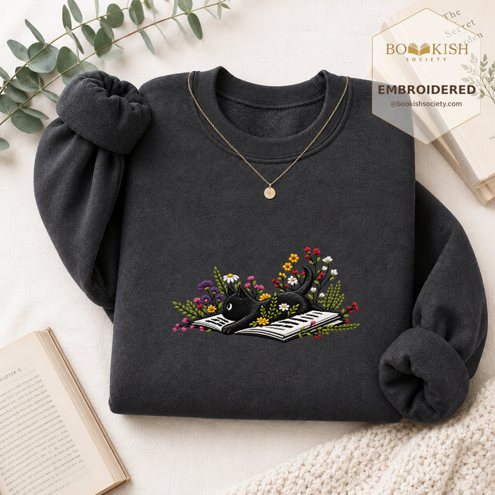 Cat and Book Embroidered Sweatshirt | Reader Gift Dark Heather