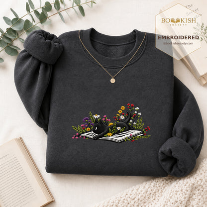 Cat and Book Embroidered Sweatshirt | Reader Gift Dark Heather