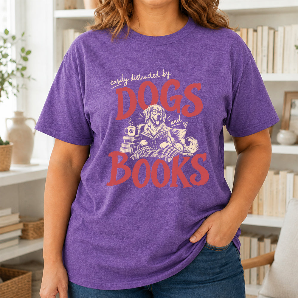 Easily Distracted By Dogs And Books Softstyle T-Shirt | Book Lover Gift Heather Purple