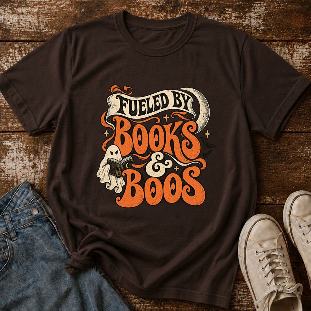 Fueled By Books & Boos Printed T-Shirt | Halloween Book Lover Gift Dark Chocolate