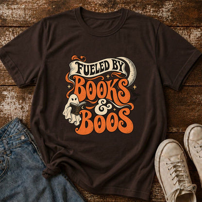 Fueled By Books & Boos Printed T-Shirt | Halloween Book Lover Gift Dark Chocolate