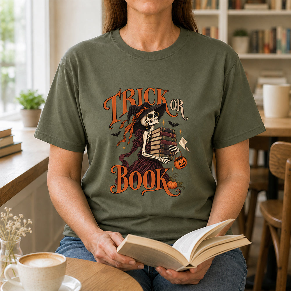 Trick Or Book Lady Printed T-Shirt | Halloween Book Lover Gift Military Green
