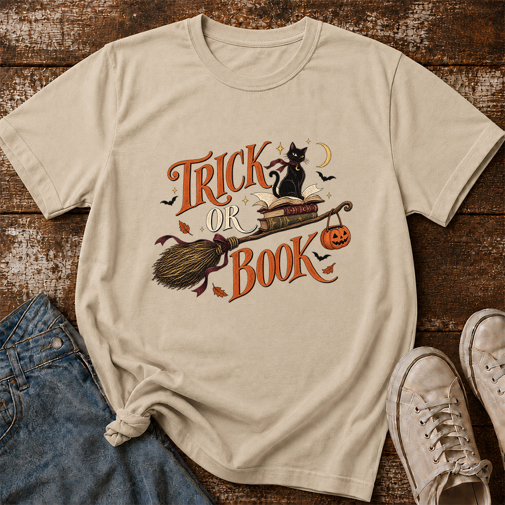Trick Or Book Black Cat Printed T-Shirt | Halloween Book Lover Gift Sand