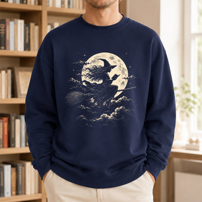 Reading Witch On The Flying Broom Printed Sweatshirt | Halloween Reader Gift Navy