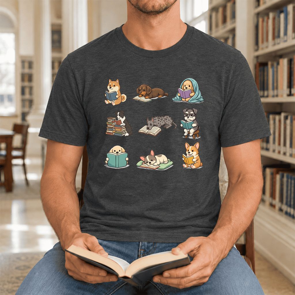 Funny Reading Dogs Ultra-Soft Cotton T-Shirt | Dog Mom Reader Gift Dark Grey Heather