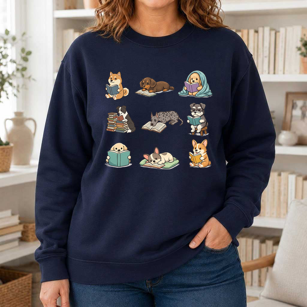 Funny Dogs Reading Crewneck Sweatshirt | Reader Gift Navy