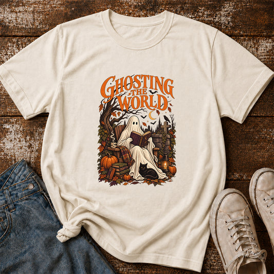 Ghosting The World Cotton T-Shirt | Halloween Book Lover Gift Natural
