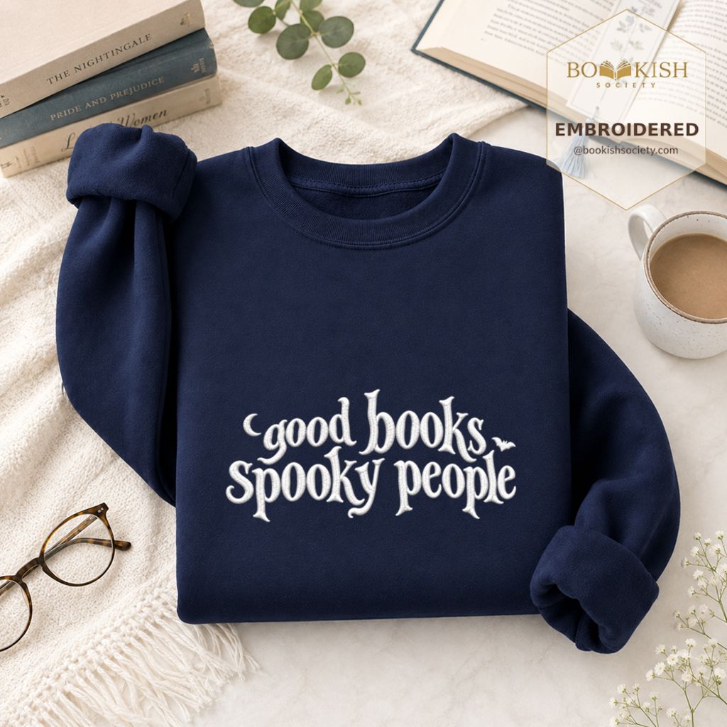 Good Books Spooky People Embroidered Sweatshirt | Halloween Book Lover Gift Navy