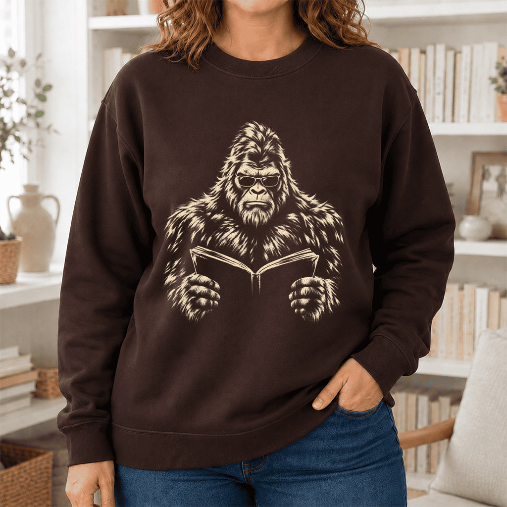Big Foot Reading Book Crewneck Sweatshirt | Reader Gift Dark Chocolate