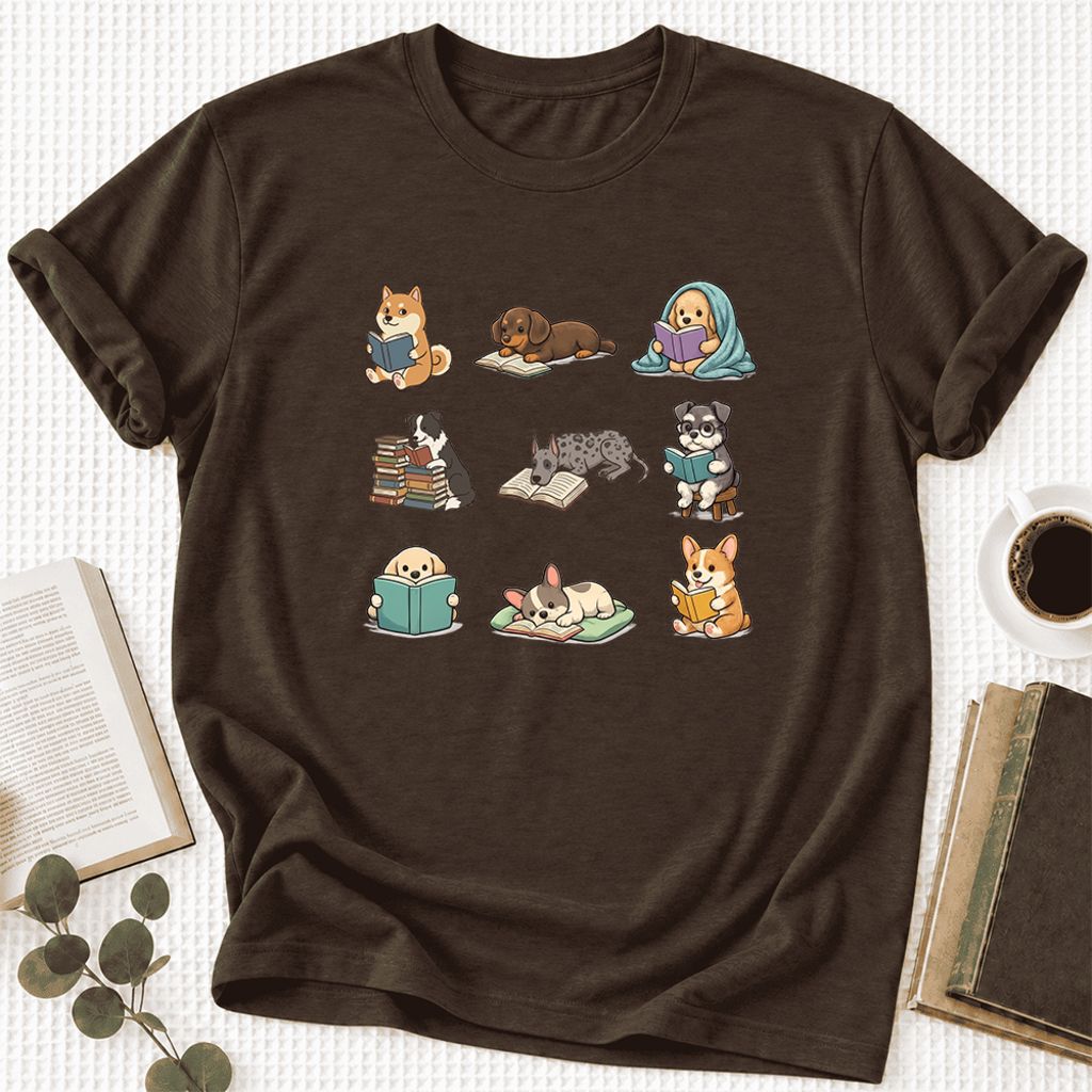 Funny Reading Dogs Ultra-Soft Cotton T-Shirt | Dog Mom Reader Gift Brown