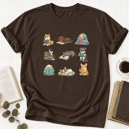 Funny Reading Dogs Ultra-Soft Cotton T-Shirt | Dog Mom Reader Gift Brown