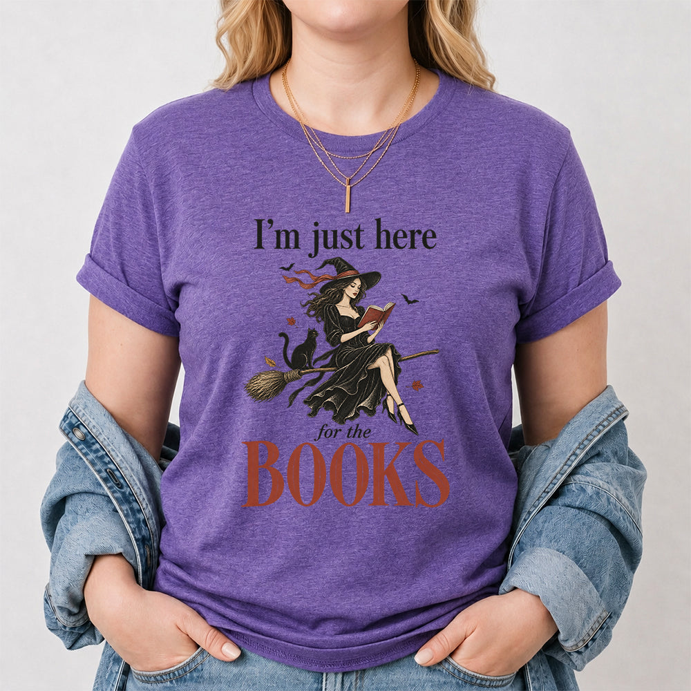 I'M Just Here For The Books Printed T-Shirt | Halloween Book Lover Gift Heather Purple