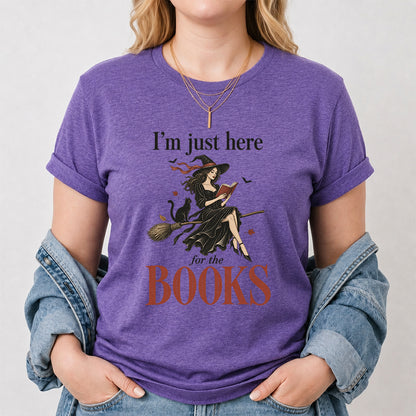 I'M Just Here For The Books Printed T-Shirt | Halloween Book Lover Gift Heather Purple