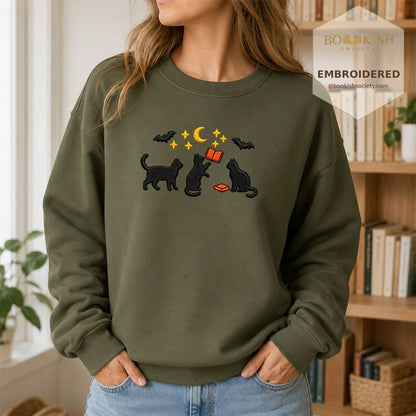 Black Cats With Books Embroidered Sweatshirt | Spooky Reader Gift Military Green