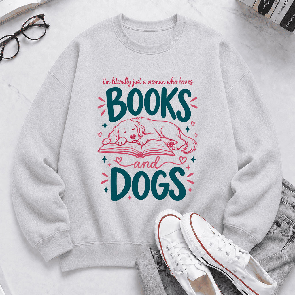 Just A Woman Who Loves Books and Dogs Crewneck Sweatshirt |  Dog Lover & Reader Gift Sport Grey