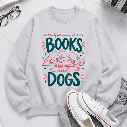 Just A Woman Who Loves Books and Dogs Crewneck Sweatshirt |  Dog Lover & Reader Gift Sport Grey