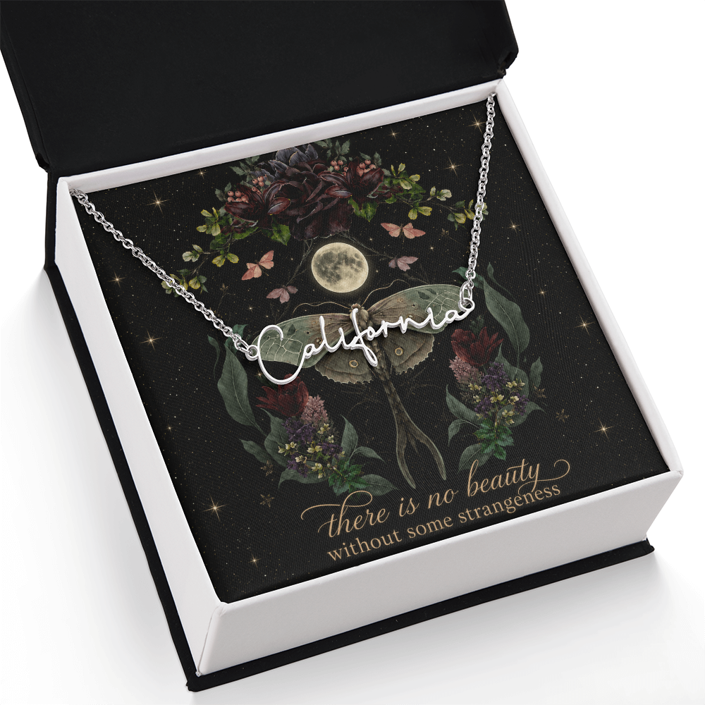 Night Garden With Lunar Moth Custom Name Polished Stainless Steel Necklace With Decorative Card And Box Book Lover Gift Font 2
