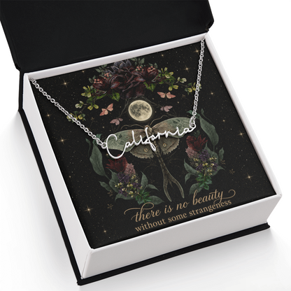 Night Garden With Lunar Moth Custom Name Polished Stainless Steel Necklace With Decorative Card And Box Book Lover Gift Font 2