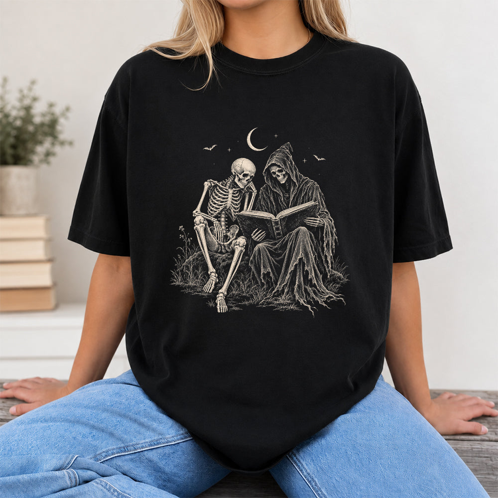 Halloween Reading Buddies Printed T-Shirt | Halloween Book Lover Gift Black