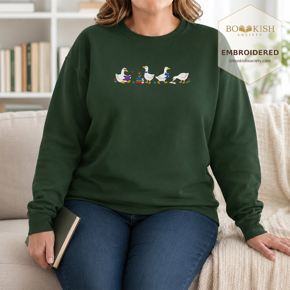 Four Reading Ducks Embroidered Sweatshirt | Reader Gift Forest Green