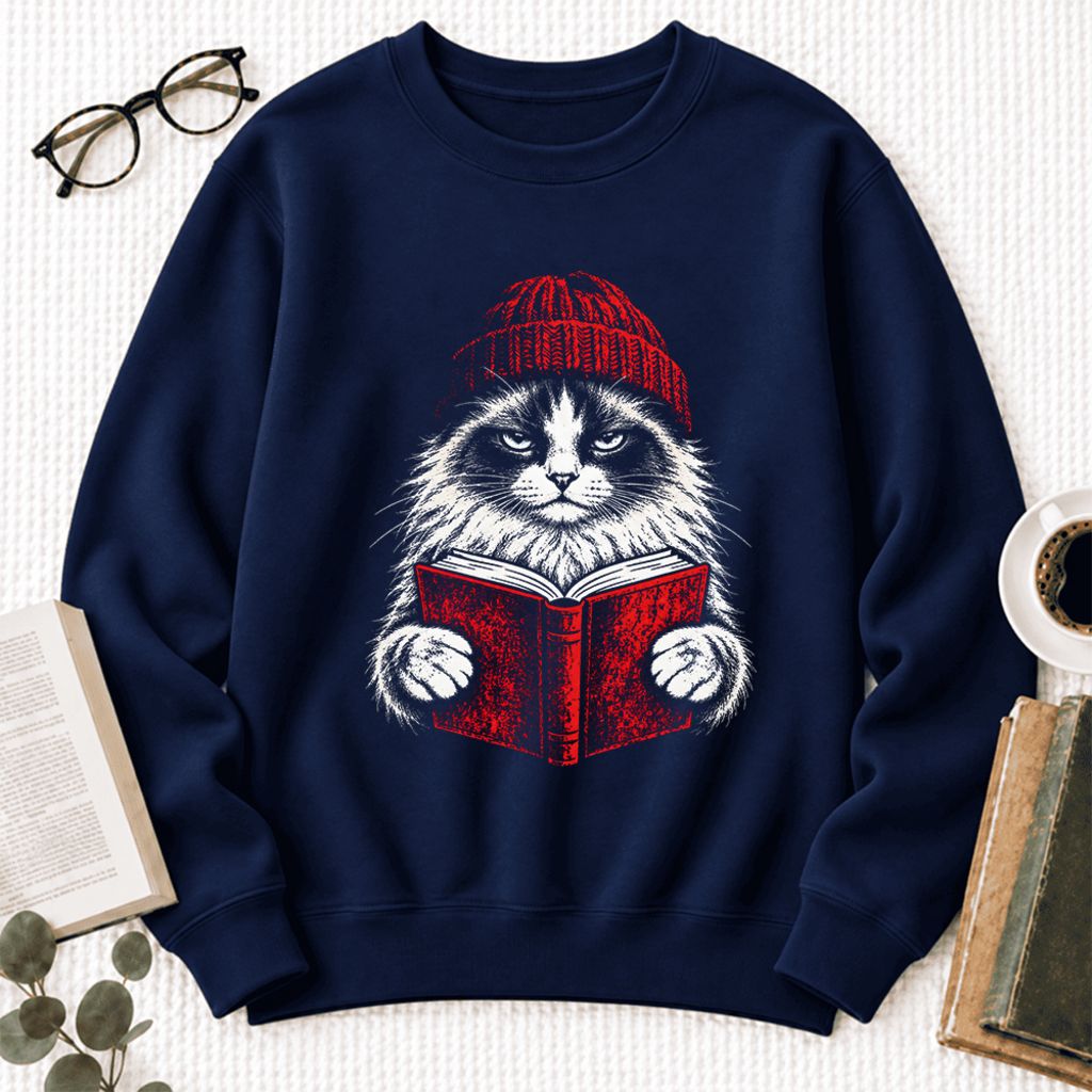Vintage Reading Cat Ragdoll Softstyle Sweatshirt | Christmas Reader Gift Navy