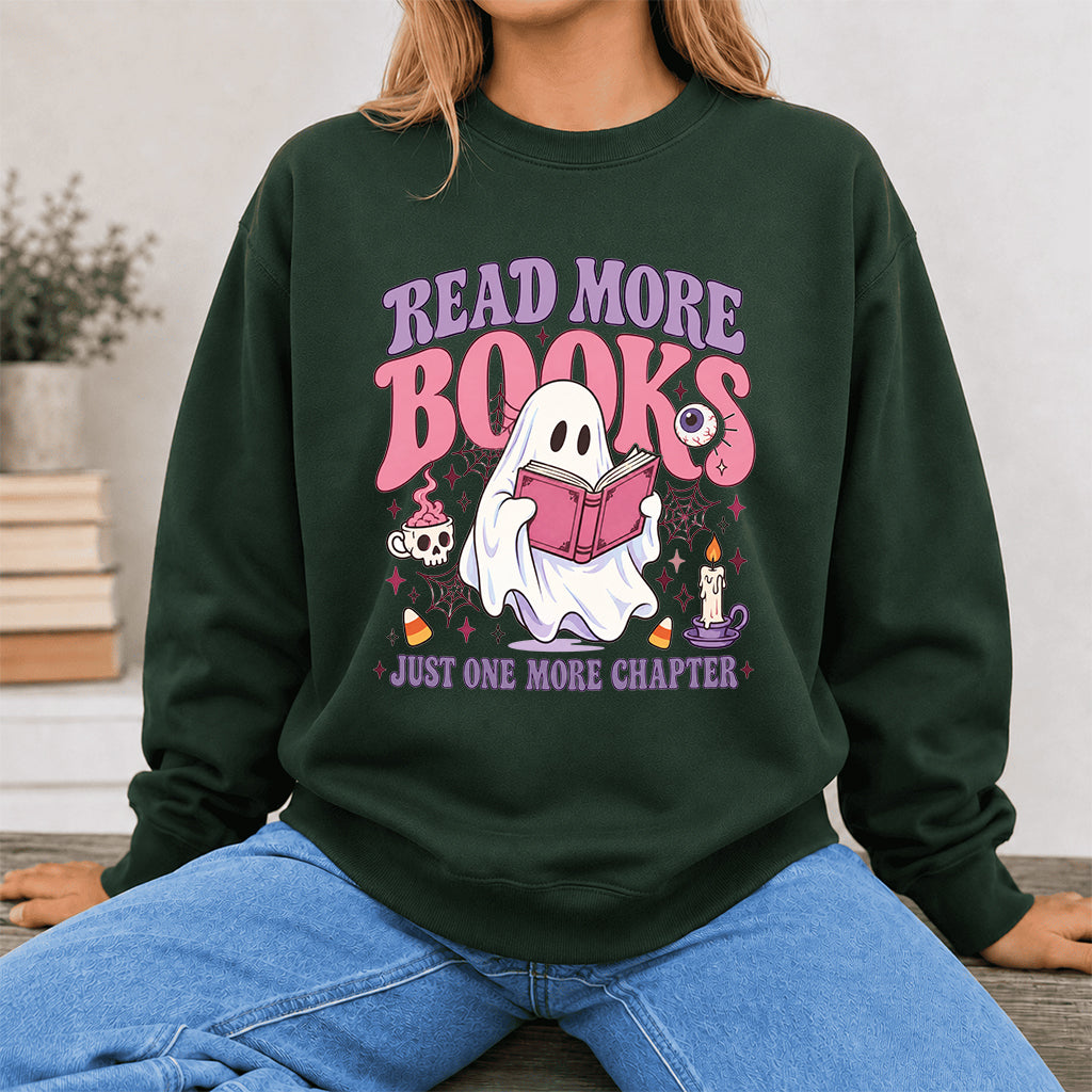 Read More Books Printed Sweatshirt | Halloween Book Lover Gift Forest Green