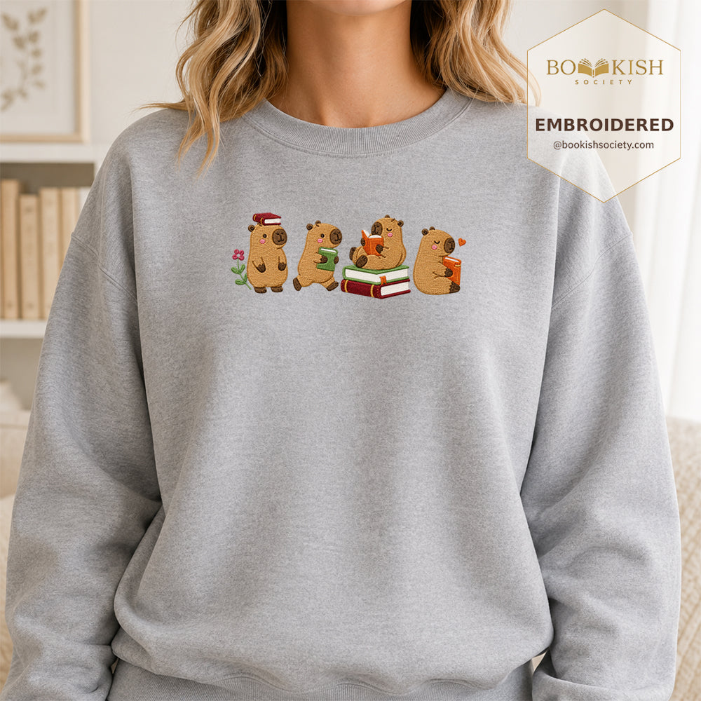 Reading Capybaras Embroidered Sweatshirt | Reader Gift Sport Grey