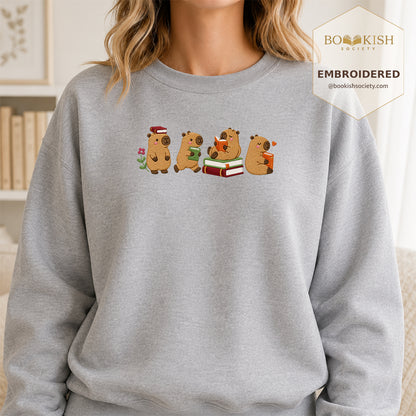 Reading Capybaras Embroidered Sweatshirt | Reader Gift Sport Grey