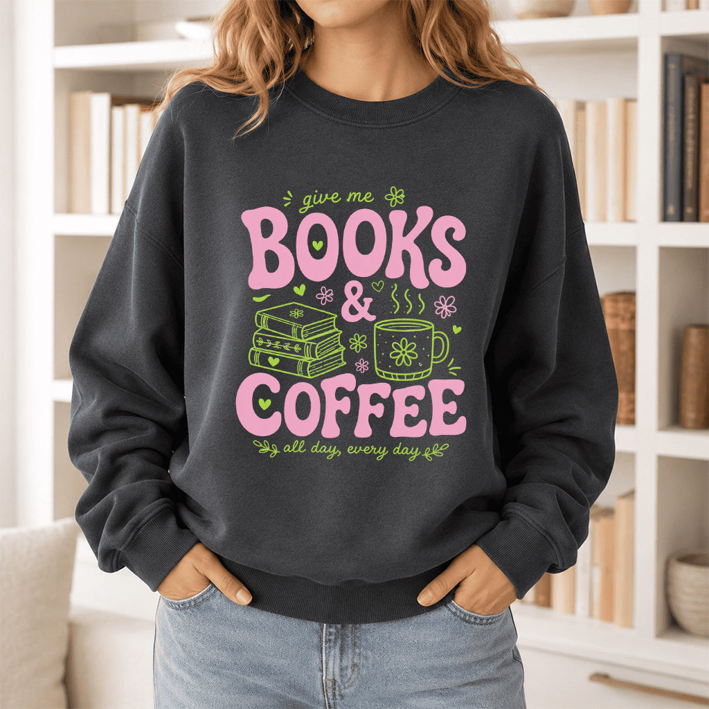 Books and Coffee Crewneck Sweatshirt | Reader Gift Dark Heather