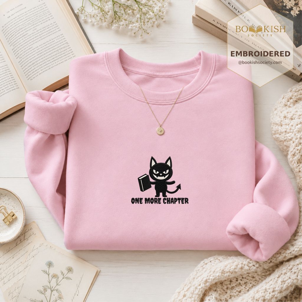 One More Chapter Devil Cat Embroidered Sweatshirt | Halloween Book Lover Gift Light Pink