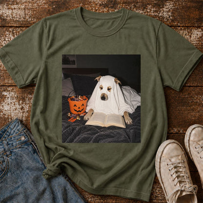 Cute Reading Ghost Dog Printed T-Shirt | Halloween Book Lover Gift Military Green