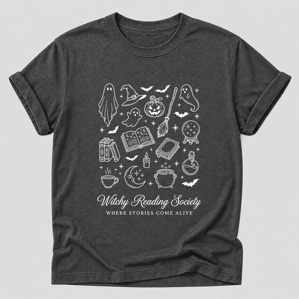 Witchy Reading Society Printed T-Shirt | Halloween Reader Gift Dark Heather