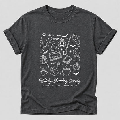 Witchy Reading Society Printed T-Shirt | Halloween Reader Gift Dark Heather