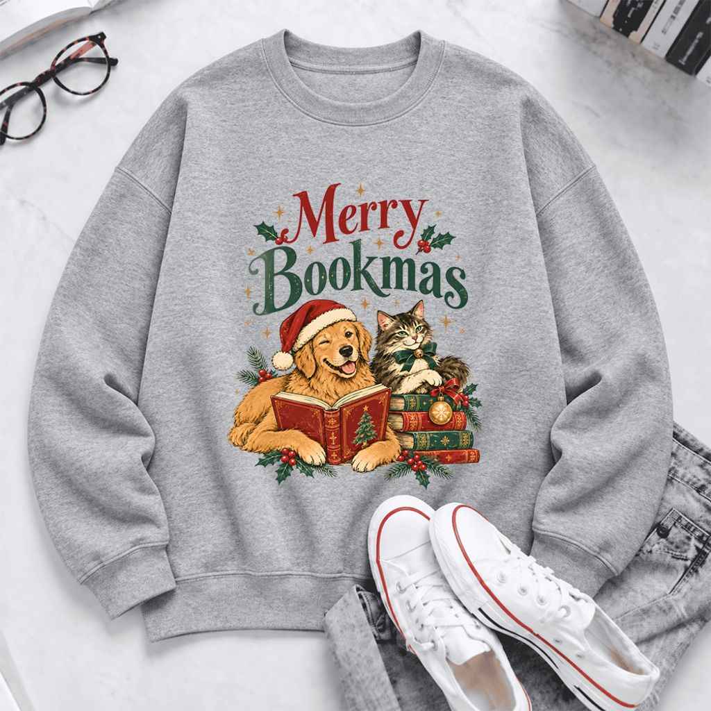Merry Bookmas Softstyle Sweatshirt | Christmas Book Lover Gift Sport Grey