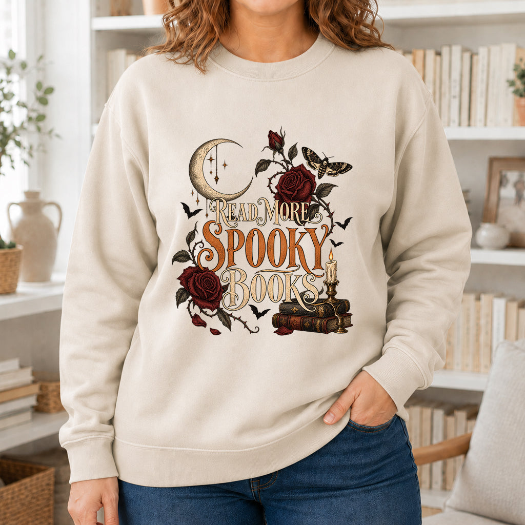Read More Spooky Books Printed Sweatshirt | Halloween Book Lover Gift Sand