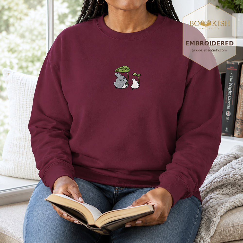 Forest Spirits and Flowers Embroidered Sweatshirt | Reader Gift Maroon