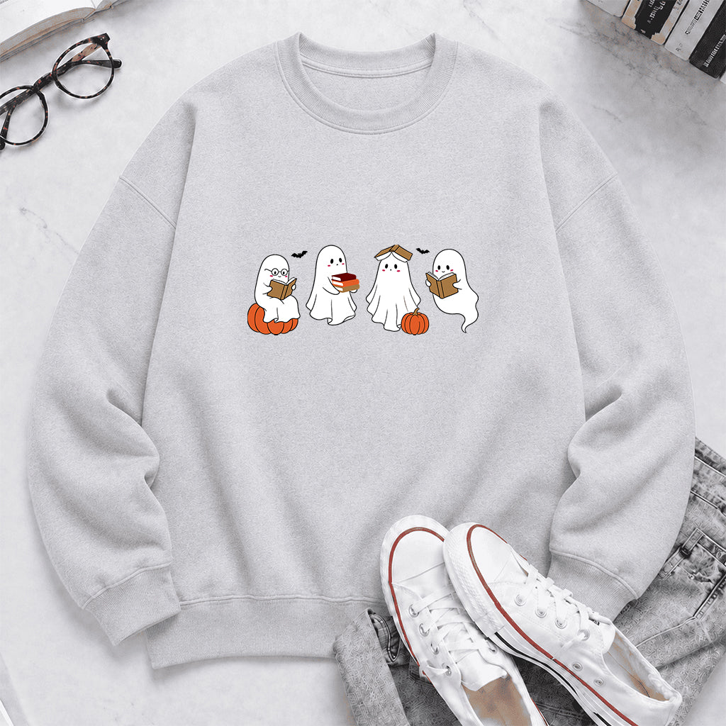 Halloween Ghosts Reading Printed Sweatshirt | Spooky Book Lover Gift Sport Grey